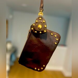 Tory Burch Hailey heart wristlet brown leather gold studded